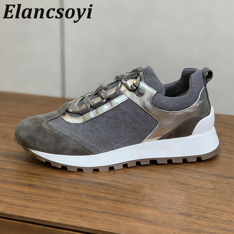 Knit Fabric Lace Up Sneakers - 여성 스니커즈 레이스업 스트링 비즈 장식
