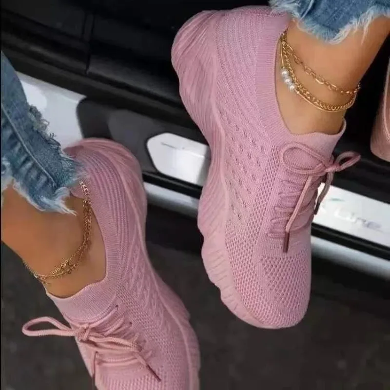 Knit Fabric Lace Up Sneakers - 여성 캐주얼 니트 스니커즈 통기성 메쉬