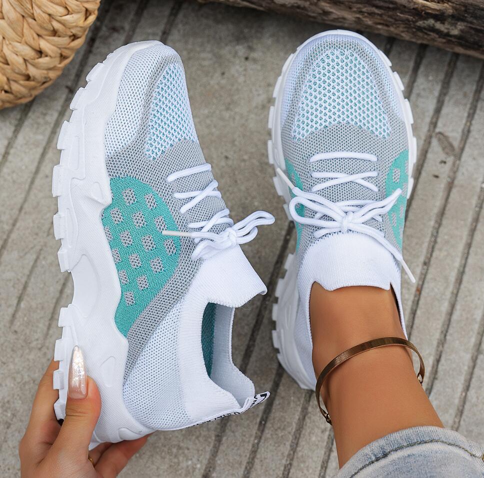 Knit Fabric Lace Up Sneakers - 여성용 통기성 니트 메쉬 스포츠화 여름