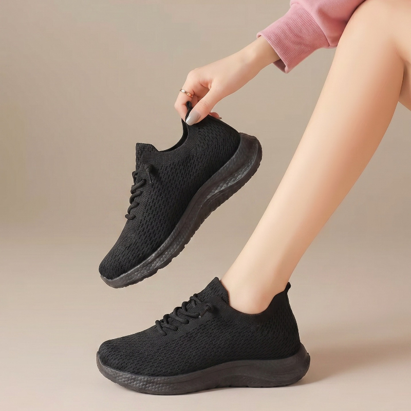 Knit Fabric Lace Up Sneakers - 여름 여성용 통기성 메쉬 워킹화 미끄럼