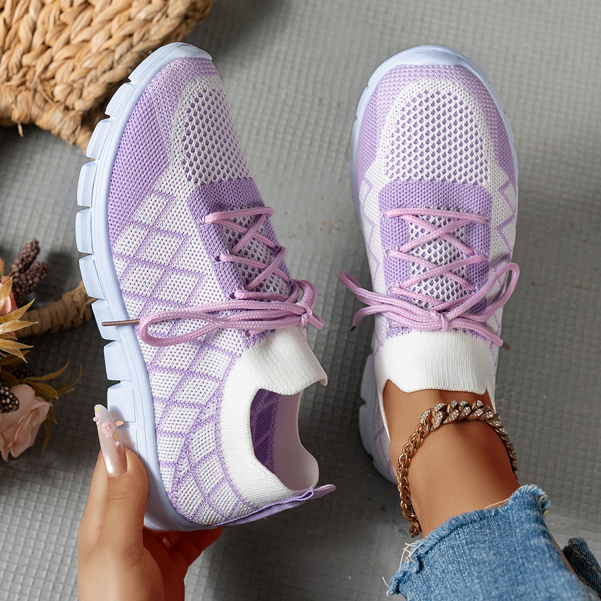 Knit Fabric Lace Up Sneakers - 여성용 니트 양말 운동화, 마름모 패턴