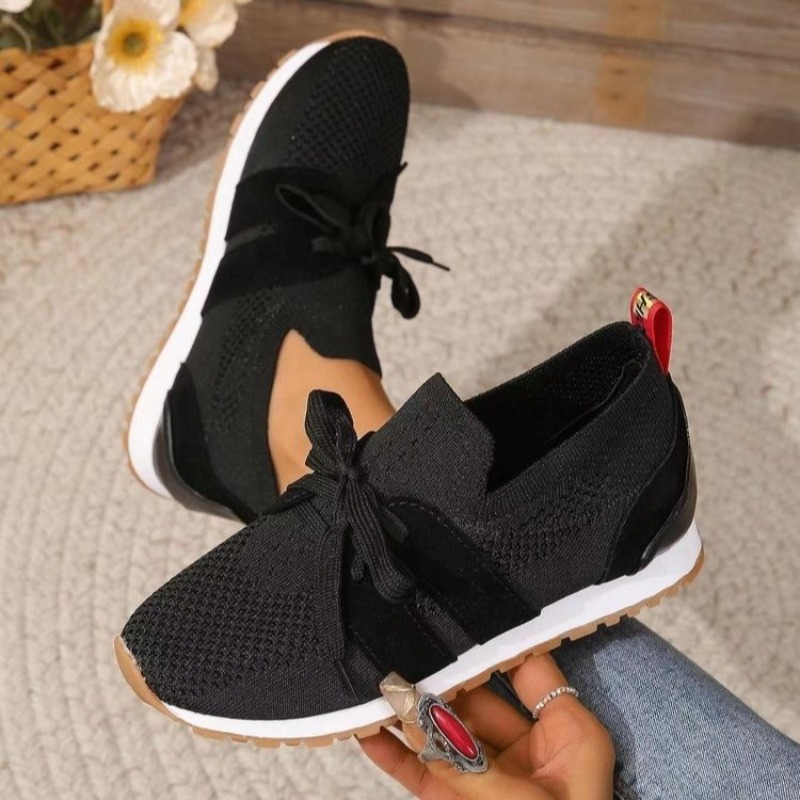 Knit Fabric Lace Up Sneakers - 새로운 블랙 니트 통기성 여성 스니커즈