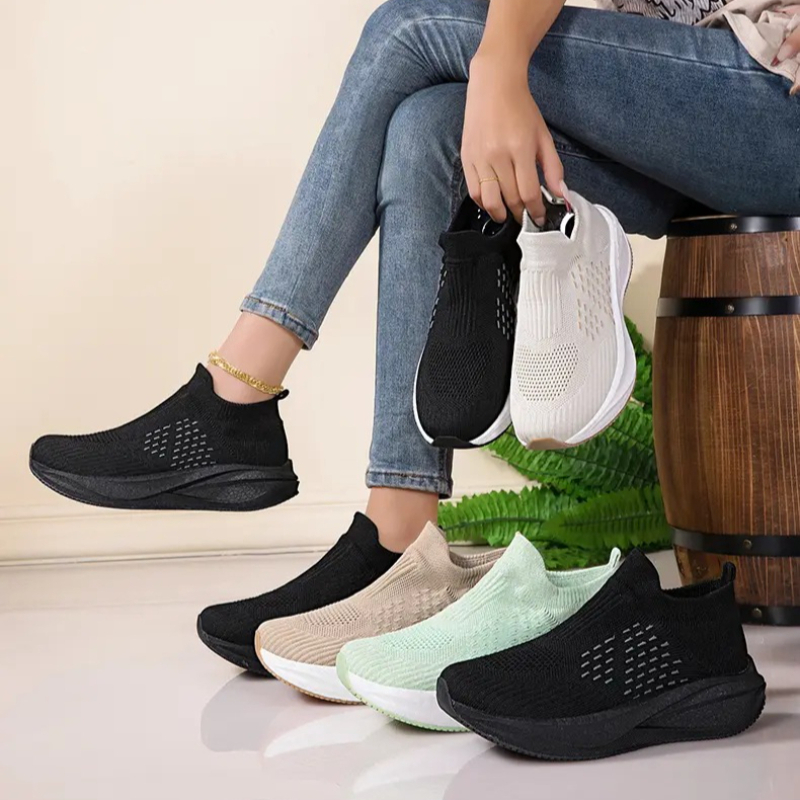 Knit Fabric Lace Up Sneakers - 유니섹스 슬립온 양말형 러닝화 통기성 니트