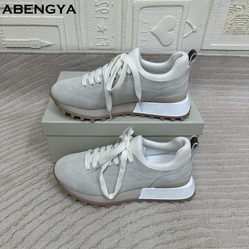 Knit Fabric Lace Up Sneakers - 2025 화이트 니트 스웨이드 플랫 로퍼