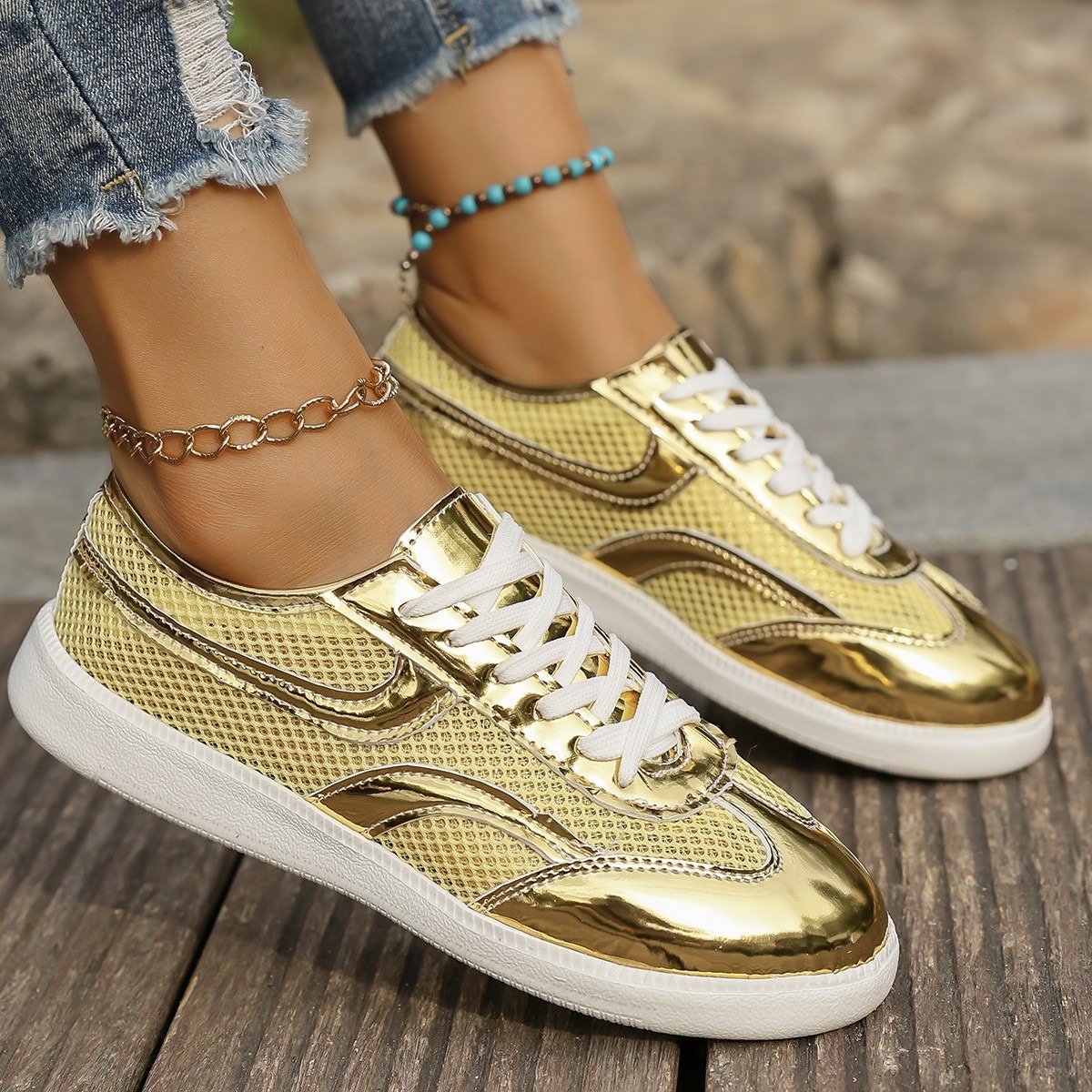 새로운 여성 운동화 통기성 니트 메쉬 스포츠 신발 패션 - Knit Fabric Lace Up Sneakers 리뷰 및 가격