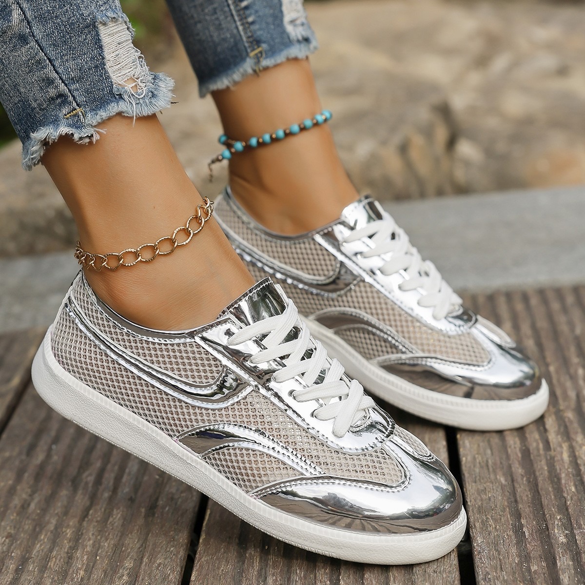 새로운 여성 운동화 통기성 니트 메쉬 스포츠 신발 패션 - Knit Fabric Lace Up Sneakers 리뷰 및 가격