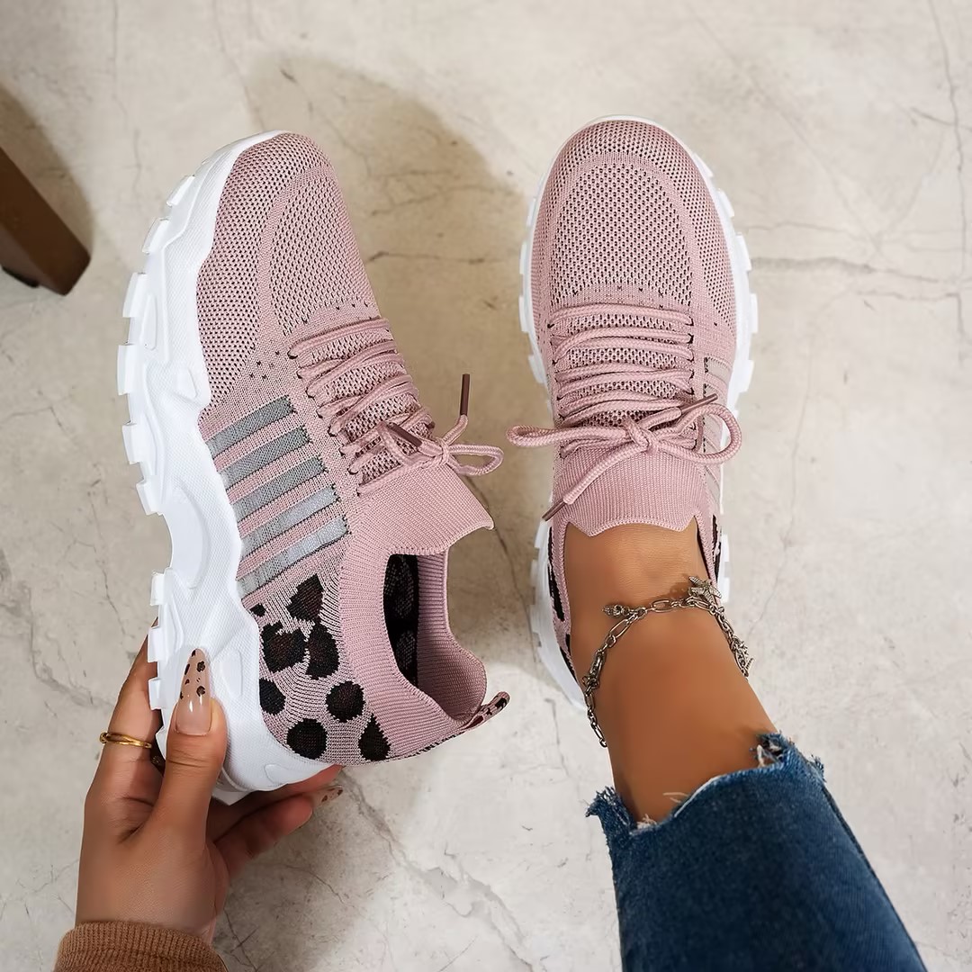 여성용 봄 가을 니트 두꺼운 밑창 스니커즈 레오파드 프 - Knit Fabric Lace Up Sneakers 리뷰 및 가격