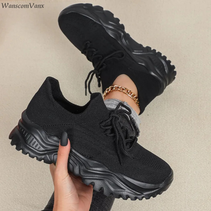 여성과 남성을 위한 패션 청키 플랫폼 스니커즈 통기성  - Knit Fabric Lace Up Sneakers 리뷰 및 가격