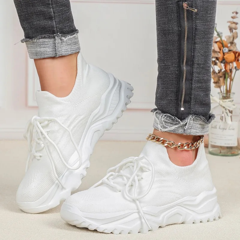 여성과 남성을 위한 패션 청키 플랫폼 스니커즈 통기성  - Knit Fabric Lace Up Sneakers 리뷰 및 가격